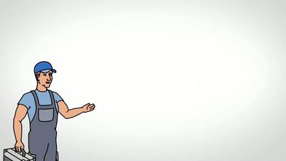 Animated Character Worker or Technician stands in the foreground and says, smooth contour, white background, seamless loop
