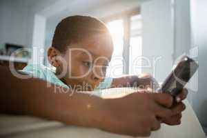 Boy using mobile phone in the living room