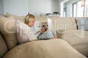 Boy using laptop in the living room