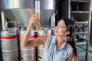 Worker examining beer in test tube at warehouse