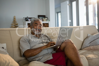 Senior man using laptop in the living room
