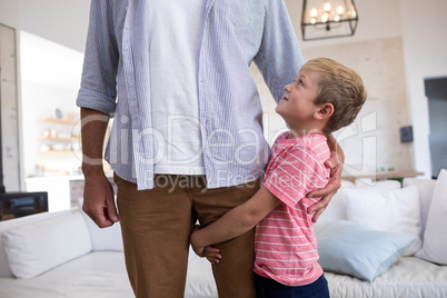 Happy father and son embracing each other in living room