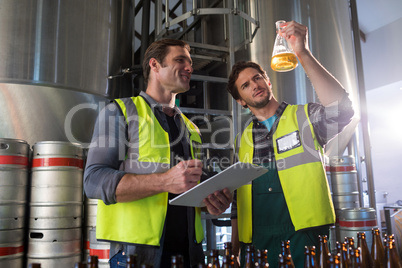 Coworkers examining beer in beaker