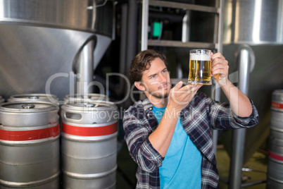 Worker examining beer in glass