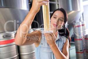 Worker examining beer in test tube at factory