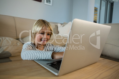 Boy using laptop in the living room