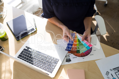 Female executives holding color shade swatch at her desk