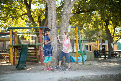 Girls talking while standing by tree