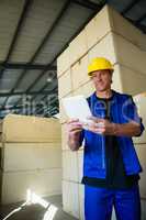Worker using digital tablet in olives factory