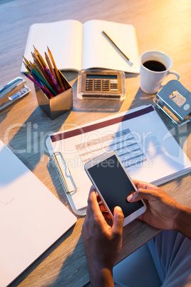 Male executive using mobile phone at his desk