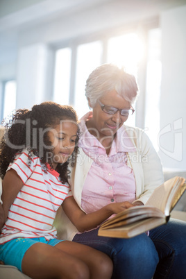 Grandmother and daughter reading book in living room