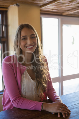 Portrait of happy beautiful woman at bar