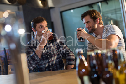 Male friends drinking beer while sitting at bar