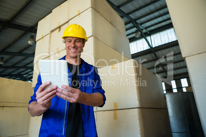 Worker using digital tablet in olives factory