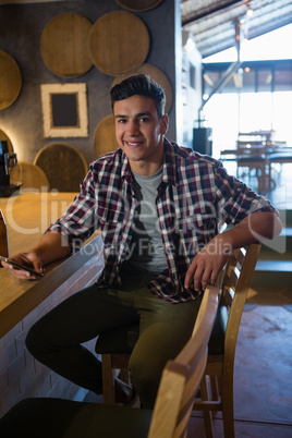 Portrait of smiling man using phone at bar