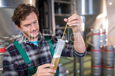 Confident worker examining beer