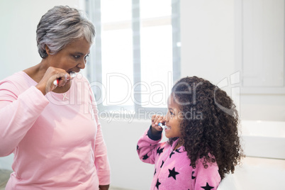 Grandmother and granddaughter brushing teeth in the bathroom