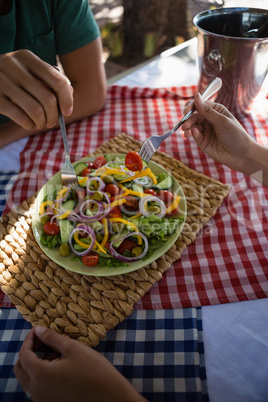 Cropped hands of friends having salad at table