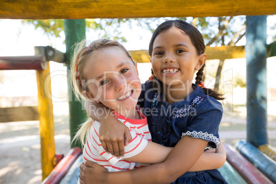 Portrait of happy girl embracing while sitting on jungle gym