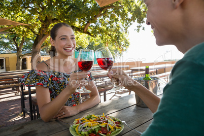 Smiling friends toasting wineglasses