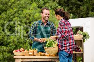 Woman buying organic vegetables from man