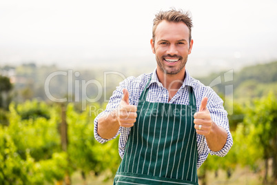 Portrait of smiling young man showing thumbs up sign