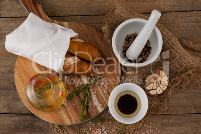 Overhead view of spice and ingredients on table