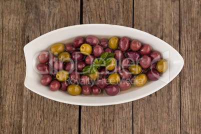 Overhead view of olives in plate