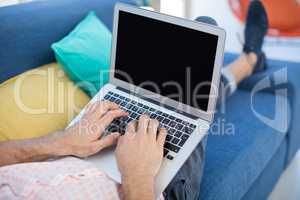 Male executive using laptop while relaxing on sofa