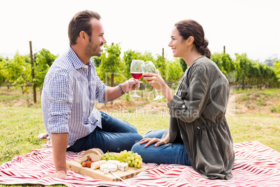 Smiling couple toasting red wineglasses