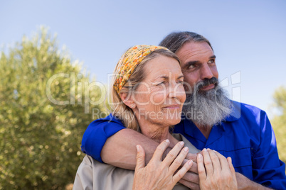 Thoughtful couple standing in olive farm