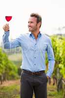 Smiling man looking at wineglass