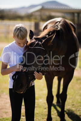 Smiling girl caressing the horse in the ranch