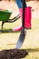 Low section of woman in rubber boot with shovel