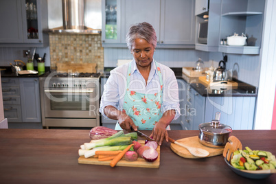 Woman cutting vegetables while preparing food