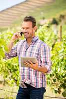 Young man talking on phone at vineyard