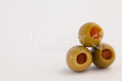 Close up of olives arranged on table