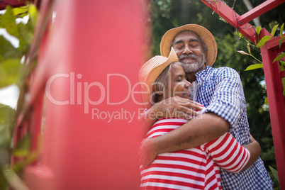 Low angle view of affectionate senior couple embracing