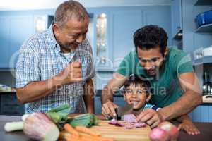 Man looking at boy cutting onion with father