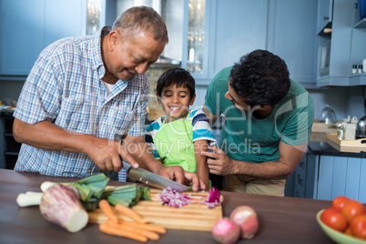 Father looking at son while standing by man cutting onion