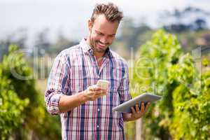 Man with digital tablet using mobile phone at vineyard