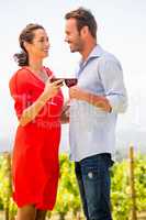 Smiling young couple toasting red wine