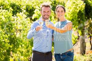 Portrait of smiling young couple holding wineglasses