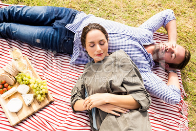 High angle view of couple sleeping on picnic blanket