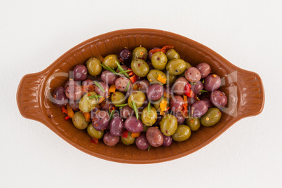 Directly above shot of olives served in container