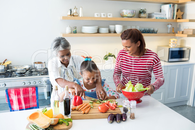 Grandmother assisting granddaughter to chop vegetables in kitchen