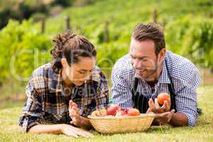 Couple with apple basket at vineyard
