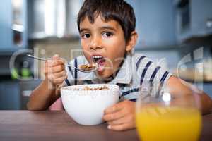 Close up portrait of boy having breakfast at home