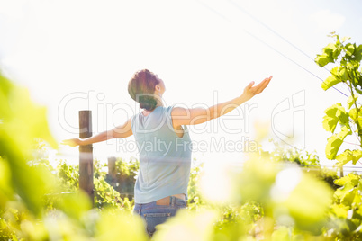 Rear view of woman standing at vineyard