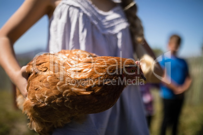 Girl carrying a hen in the farm